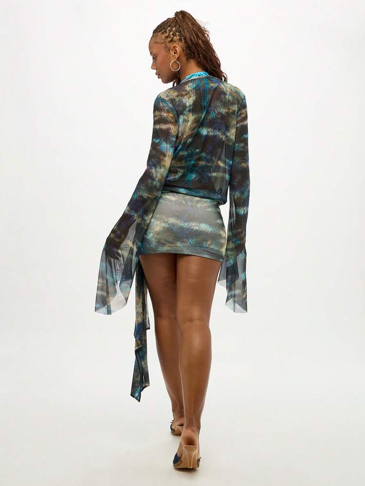 SUMWON WOMEN Tie Dye Print Mini Wrap Dress With Bell Sleeves