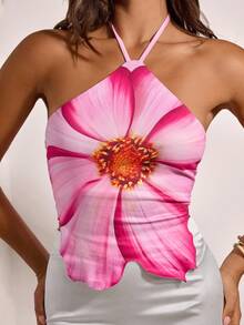 Opulessa Top aderente da donna con stampa floreale, schiena scoperta e lacci al collo, top a fiori rosa, top con stampa floreale, adatto per costumi di Ognissanti, stile fairycore, casual elegante, sexy per feste, serate, matrimoni, autunno chic, uscite, Festa Nazionale, Capodanno, eventi eleganti, laurea, ballo di fine anno, lussuoso per serate, top a fiori con collo a canottiera