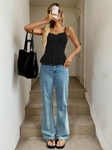 Easowa Áo hai dây vải jacquard thêu ren, nút cài phía trước, eo xếp ly, thường ngày, thanh lịch, dành cho nữ, mùa xuân/hè - màu đen - Xem 5