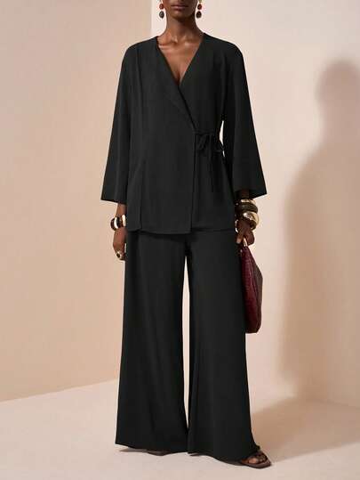 Zivah 2025 Summer New Arrival Music Festival & Graduation Casual Outfit, College Style Student Daily Wear, Vacation Beach Sunbathing Streetwear, Brown Textured Linen Fabric, Kimono Style Waist Tie Shirt And Wide Leg Pants 2 Pieces Set Women Suits Suits For Woman Black Wide Leg Pants Suit,Fall