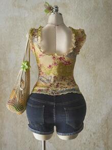 SHEIN ICON 加大码粉色佩斯利花纹 V 领荷叶边下摆网眼背心，适合夏季，Y2K 复古佩斯利花纹，毕业/返校季夏装，暑假 - 綠色 - 查看 2