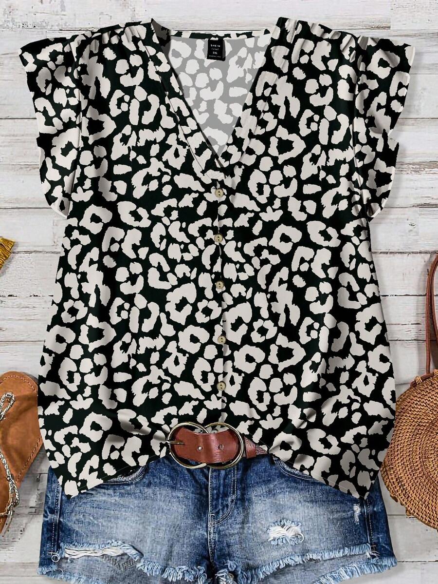 EMERY ROSE Chemise ample imprimé léopard, unie et décontractée, convenable pour l'été