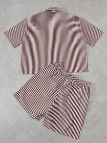 Manfinity EMRG Men's Blue And White Stripe Short Sleeve Shirt & Shorts Set,Oversized Boxy Fit,Summer Casual Vacation Street Style,Matching Set With Pockets Gift - Multicolor - View 2
