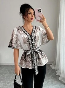 Rafferiza Camisa de manga corta con cintura entallada y estampado floral en forma de A, para primavera/verano y vacaciones - Multicolor - Ver 1