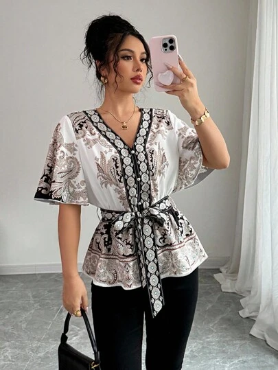 Rafferiza 女士花卉印花 A 字腰修身短袖衬衫，春夏假期