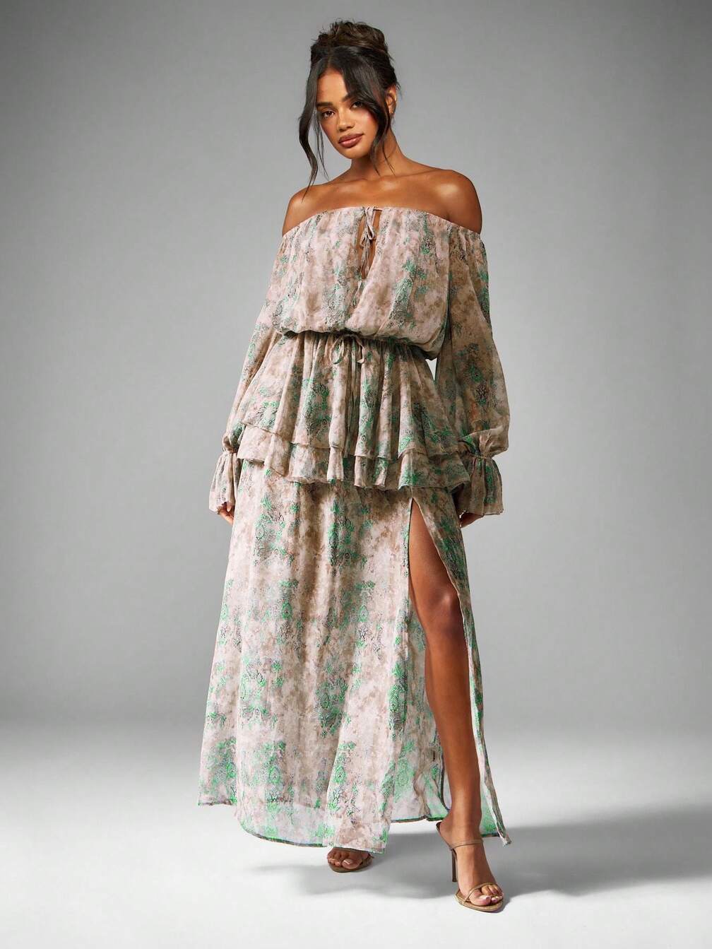 christmas dress off shoulder MISSGUIDED Maxi With Balloon Sleeves And Ruffles Christmas｜MISSGUIDED Shoulder maxi