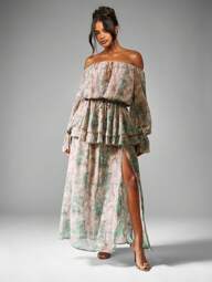 MISSGUIDED Elegant Off Shoulder Long Maxi Dress With Balloon Sleeves Side Slit High Waist Ruffle Detail Bohemian Wedding Guest Summer Beach Vacation Party Evening Occasion Dress Christmas