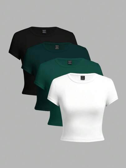 SHEIN EZwear 4 件黑色、橄榄绿、白色休闲圆领短袖修身女式 T 恤，适合夏季