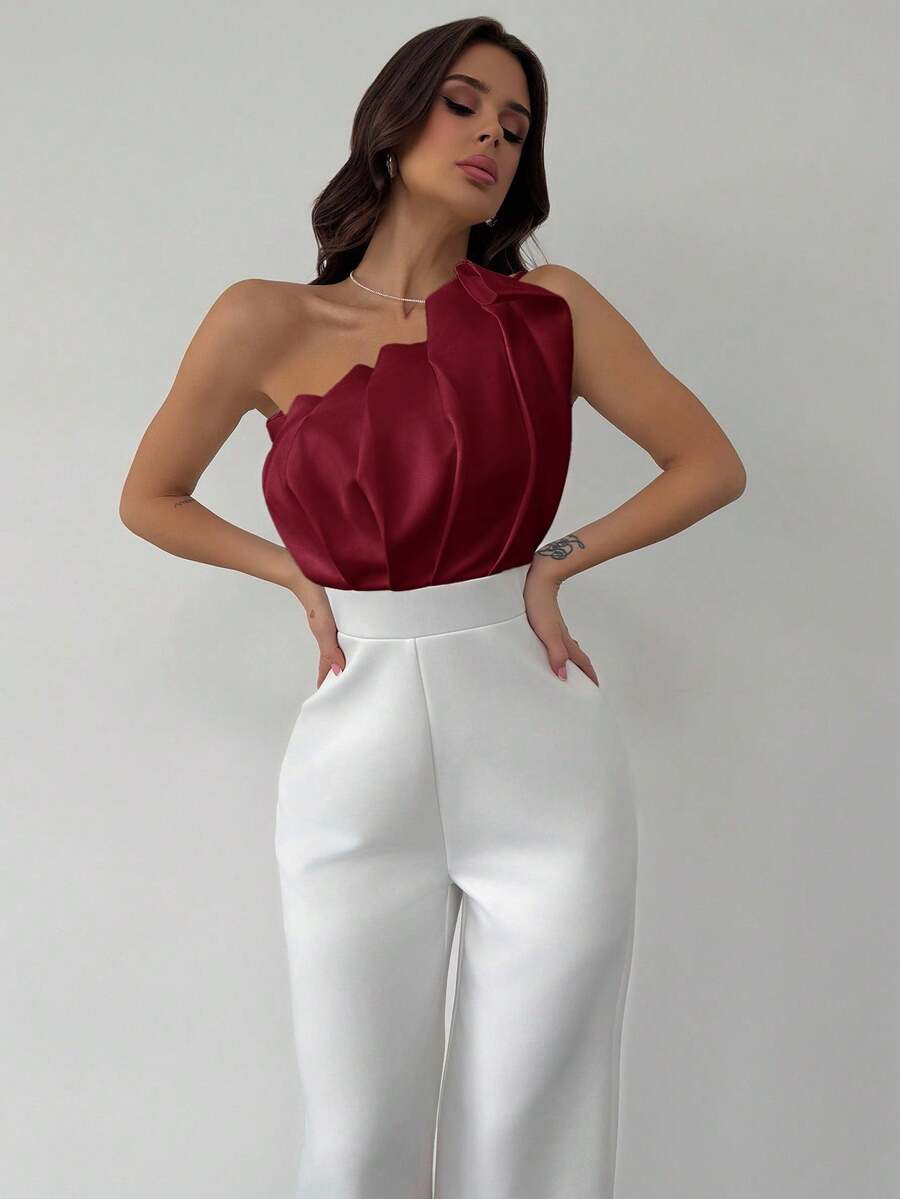 Firerie 春夏新款简约优雅日常通勤3D结构不对称褶皱设计无袖收腰修身白色连体衣，适合音乐节、返校季、女士海滩度假装、机场装、度假装、教师装 - 紅色 - 查看 1