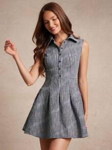 WESTFADE 格纹梭织无袖褶皱修身喇叭迷你 Polo 衫 返校可爱秋装夏季乡村音乐会