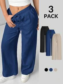 SHEIN PETITE Quần ống rộng họa tiết ba mảnh dành cho nữ màu đen + trắng + xanh lá cây - Nhiều màu - Xem 2