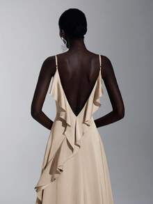 Elitara Elegant Champagne Color Ruffle Strap Bridesmaid Dress - Khaki - View 3