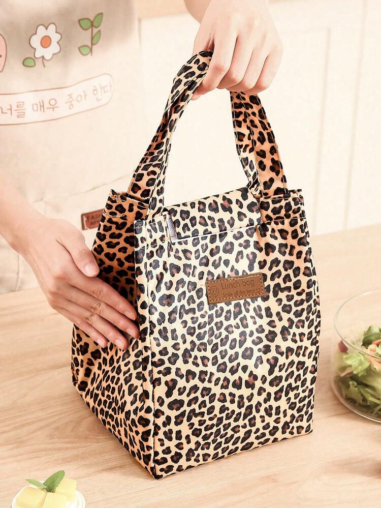 Brown Leopard Print Insulated Lunch Bag - Reusable Waterproof Thermal Tote With Pocket For Work, School, Picnic | Food Temperature Control | Portable Office Essentials - Brown - View 3