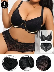 SHEIN Bộ đồ lót ren hoa gợi cảm ôm sát toàn thân cỡ lớn cho nữ - màu đen - Xem 3