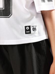 SUMWON Oversized Crop Jersey T-Shirt Varsity College Style Number 30 NYC Print Short Sleeve V-Neck Lace Insert White Top Streetwear School Summer Spring - Black - View 6