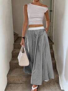 Easowa 撞色腰带斜口袋裙，条纹休闲度假优雅街头服饰女式条纹长裙夏季 - 黑與白 - 查看 1