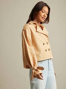WESTFADE Ditsy Floral Print Lapel Collar Double Breasted Cropped Trench Coat For Women,White,Autumn,Gothic,Modest,Holiday,Nashville Country Western Wear,Boho - Orange - View 6