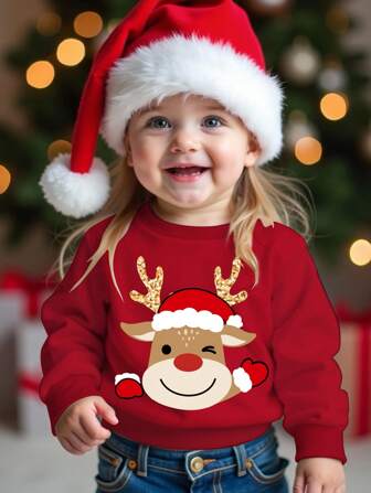 SHEIN Baby Girl Merry Christmas Cute Festive Cartoon Reindeer Print Red Knitted Soft Crew Neck Loose Casual Thick Warm Sweatshirt, Suitable For Autumn/Winter
