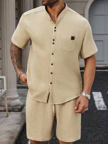 Manfinity Homme Conjunto de camisa casual de verano de manga corta raglán de unicolor y tela texturizada para hombres de talla grande - Caqui - Ver 1