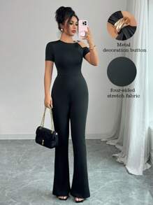 SHEIN Raffinéa Women's Solid Black Cutout Neck Metal Decor Bodycon Jumpsuit, Suitable For Daily Wear, Sexy, Fashionable, Unique SummerHoliday Sunny Journey Vacay VibesWomen's Autumn Clothingautumn Fall Clothes For Women Fall Autumn Clothes Fall Outfits For Women Autumn Outfits For Women Fall Clothes Autumn Women  Fall Women Clothes Autumn Clothing Elegant Fashionable Casual Commuting Business Office Daily Leisure All-Match Temperament Urban Teacher Professional Attire - Black - View 7