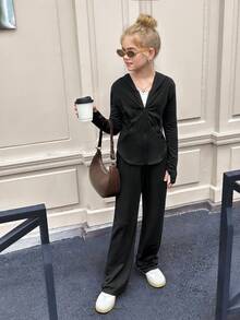 SHEIN Tween 女童纯黑色拉链连帽衫上衣夹克和阔腿裤两件套，适合春秋季休闲装和日常穿着 - 黑色 - 查看 9