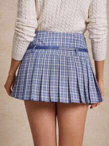 WESTFADE 水钻格子腰带褶皱迷你裙返校可爱秋夏乡村音乐会 - 藍色 - 查看 2