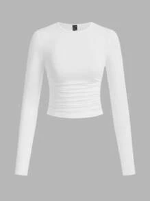 SHEIN EZwear 3pcs/Set Women's Casual Solid Color Crew Neck Ruched Long Sleeve T-Shirts, Black, Dark Grey, White, Autumn/Winter,Fall Tops