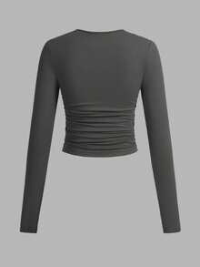 SHEIN EZwear 3pcs/Set Women's Casual Solid Color Crew Neck Ruched Long Sleeve T-Shirts, Black, Dark Grey, White, Autumn/Winter,Fall Tops