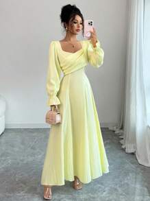 Lyxana Wiosenno-jesienna sukienka w kolorze żółtego jaskra w stylu francuskim, elegancka, słodka i romantyczna, z bufiastymi rękawami i wyszczuplającą talią, z długim rękawem dla kobiet - Żółty - Zobacz 3