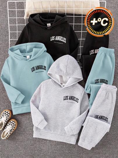 SHEIN 6 件儿童/青少年男童休闲字母印花连帽运动衫和宽松针织裤两件套，3 种颜色（红色、黑色、灰色），适合通勤、上学、日常休闲、旅行、运动、所有季节