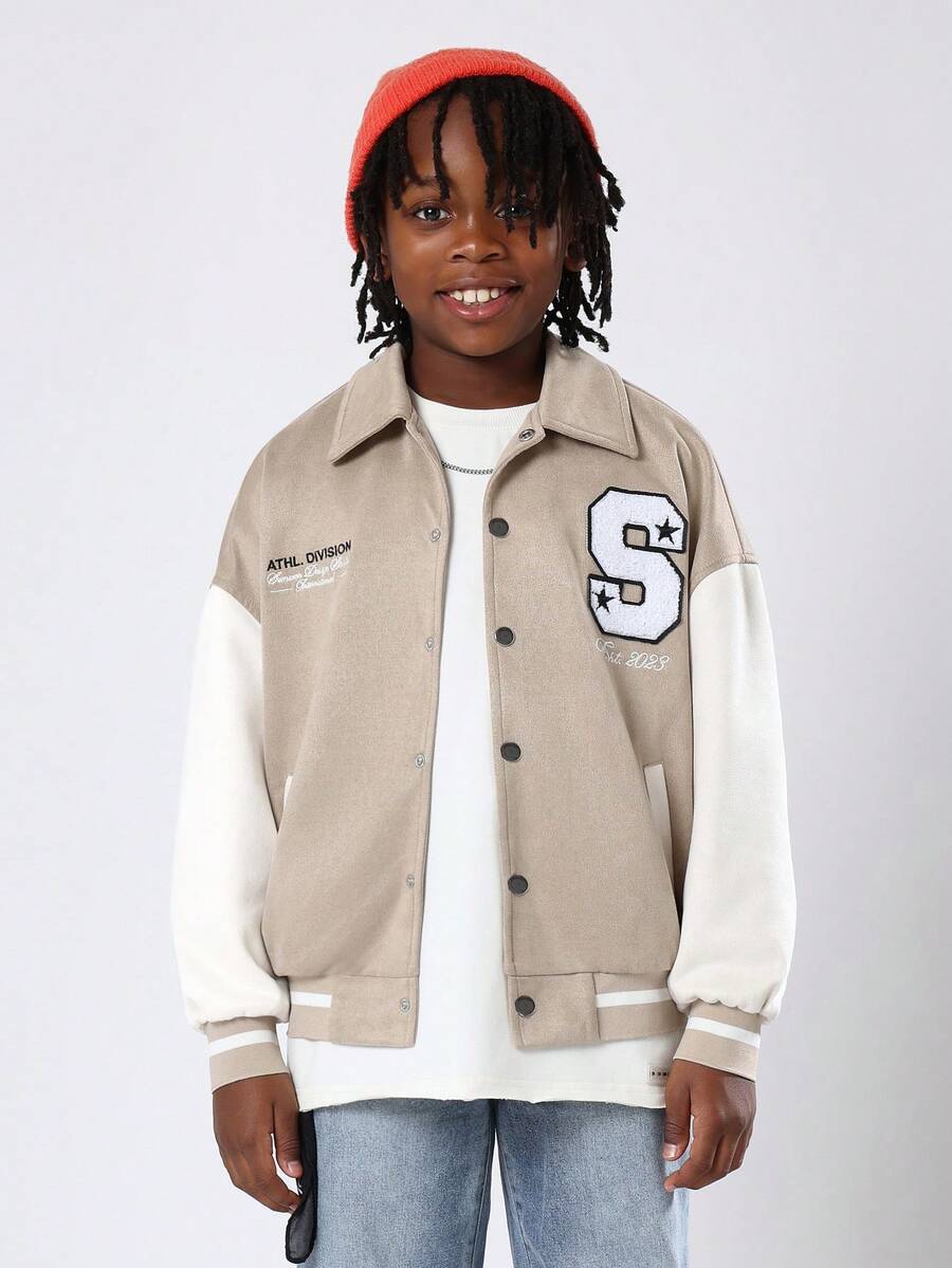 SUMWON Varsity Bomber Jacket For Boys Two Tone Design Athletic Division Embroidered Patch Letter Applique Casual School College Style Fall Winter Outerwear