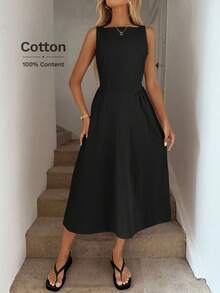 Easowa 圆领腰部褶皱 A 字形伞裙，女士休闲度假优雅中长连衣裙，棉质面料，春夏 - 黑色 - 查看 5