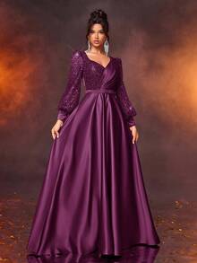 Glamrae Váy maxi satin dài tay đính hạt sequin lấp lánh thanh lịch màu đỏ burgundy sang trọng có thắt lưng có thể tháo rời, thích hợp cho đám cưới, tiệc tùng, kỳ nghỉ, tốt nghiệp, vũ hội, mẹ cô dâu - Màu tím - Xem 5