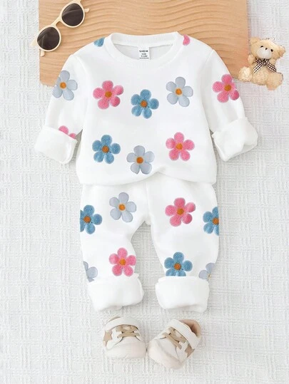 SHEIN Playful Pals 2 件套女婴休闲舒适时尚简约百搭可爱花卉全印花圆领运动衫和运动裤套装，秋冬，可爱运动花卉装