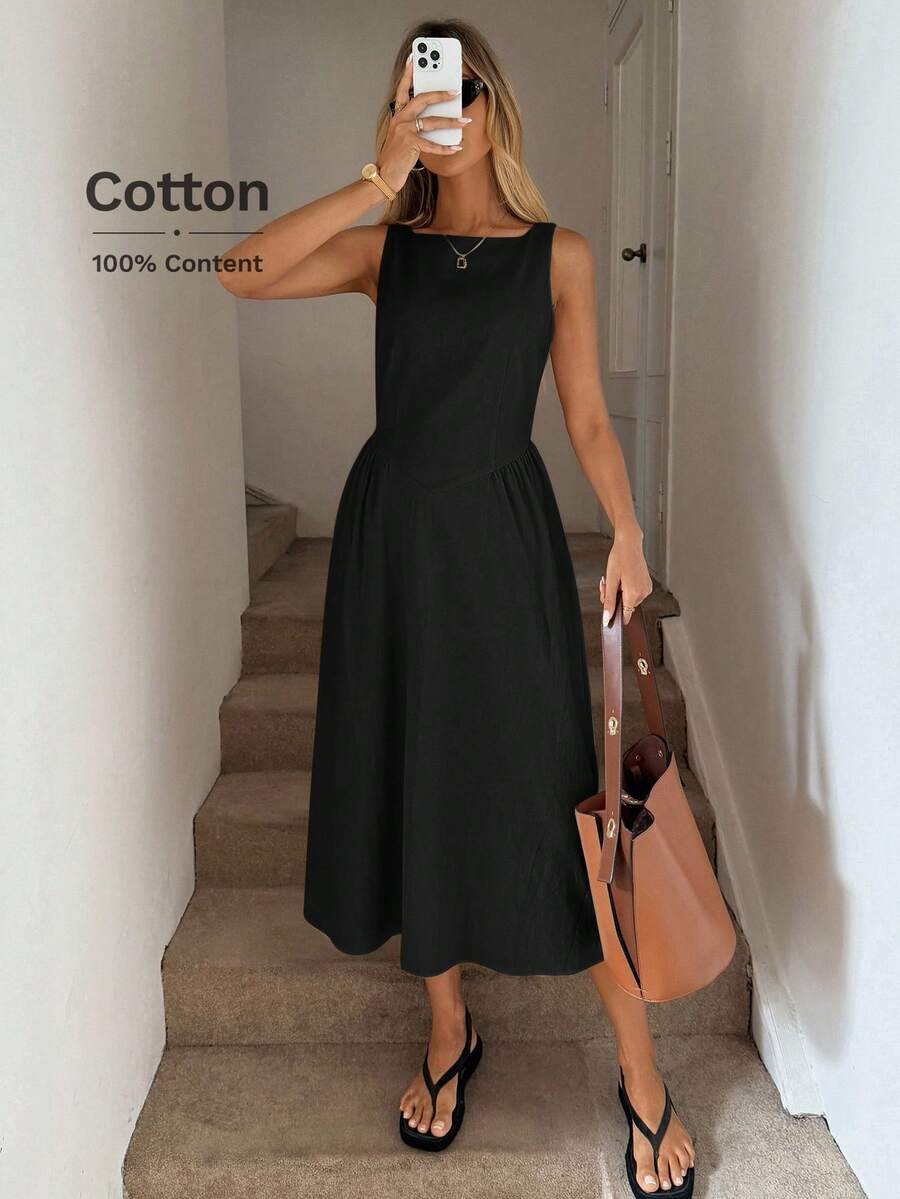Easowa 圆领腰部褶皱 A 字形伞裙，女士休闲度假优雅中长连衣裙，棉质面料，春夏 - 黑色 - 查看 1
