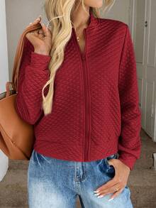 Easowa 女士绗缝纹理面料棒球夹克，休闲通勤优雅户外运动家居舒适秋冬红色绗缝夹克女式红色拉链夹克女式绗缝飞行员夹克女式轻便红色夹克女式休闲红色夹克，秋季 - 紅色 - 查看 6