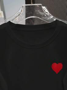 SHEIN 大码宽松心形刺绣女式 T 恤 - 黑色 - 查看 3