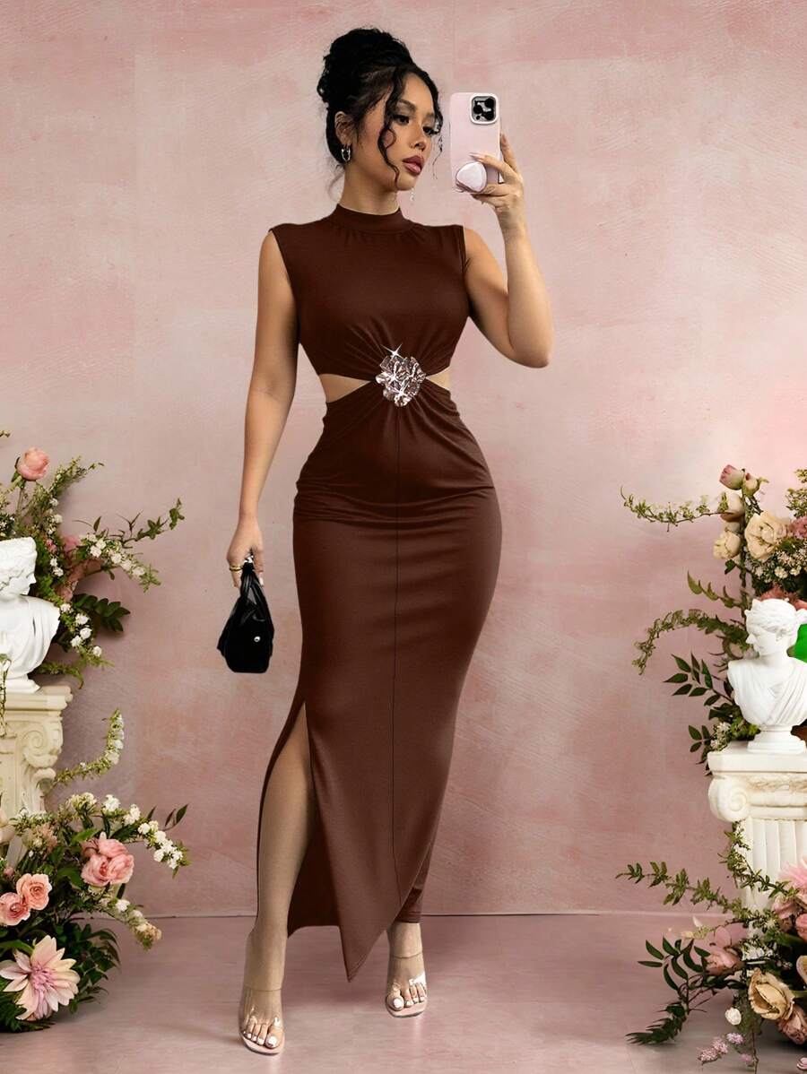 Rafferiza 女士优雅立领镂空性感金属花卉无袖紧身连衣裙，日常，黑色，修身，约会，派对，简约，纯色，返校，休闲 - 棕色 - 查看 1