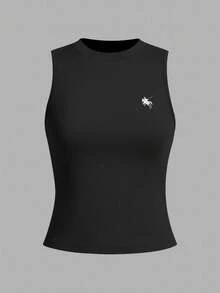 SHEIN LUNE 3件装女士圆领刺绣马匹紧身吊带背心，黑/白/灰三色可选，适合秋季作为打底衫穿着，3件装修身女式上衣 - 彩色 - 查看 2