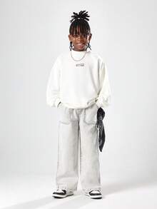 SUMWON Basic White Pullover Sweatshirt Long Sleeve Casual Crewneck Cotton Blend Winter Fall Streetwear Fashion Classic School College Essential Unisex Everyday Wear