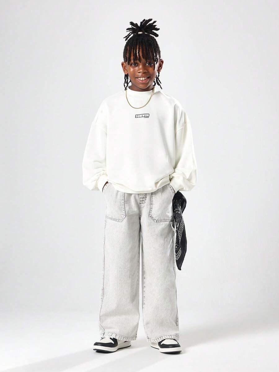 SUMWON Basic White Pullover Sweatshirt Long Sleeve Casual Crewneck Cotton Blend Winter Fall Streetwear Fashion Classic School College Essential Unisex Everyday Wear