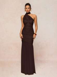 Lumalex Women's Halter Neck Chiffon Dress With Ruffled Bust Pads And Flowy Dress - Coffee - View 6