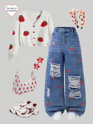 Tween Girls Dark Wash Blue Distressed Strawberry Print Wide Leg Jeans Strawberry Clothes Strawberry Jeans Aesthetic Clothes For Girls Denim Skirt Set Brunch Outfits For Teens,Y2K Style Summer Holiday
