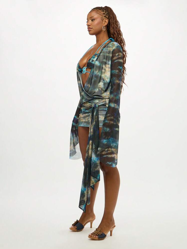 SUMWON WOMEN Tie Dye Print Mini Wrap Dress With Bell Sleeves