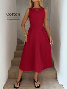 Easowa Đầm suông chữ A cổ tròn, xếp ly eo, đầm midi thanh lịch cho nữ, làm từ vải cotton hữu cơ, thích hợp cho mùa xuân và mùa hè - Đỏ - Xem 5