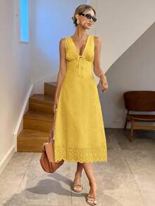 Easowa Váy midi thêu màu trắng buộc dây phía trước dành cho nữ, thích hợp mặc khi đi tốt nghiệp, đám cưới, đi nghỉ và mặc hàng ngày - Màu vàng - Xem 4