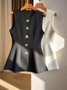 GlowEve Women's Metal Flower Single-Breasted Round Neck Sleeveless Elegant Regular Jacket - Black - View 1