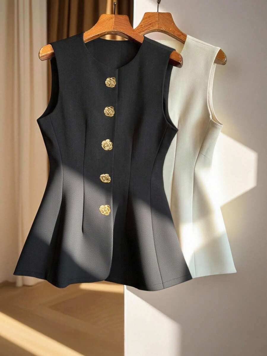 GlowEve Women's Metal Flower Single-Breasted Round Neck Sleeveless Elegant Regular Jacket - Black - View 1
