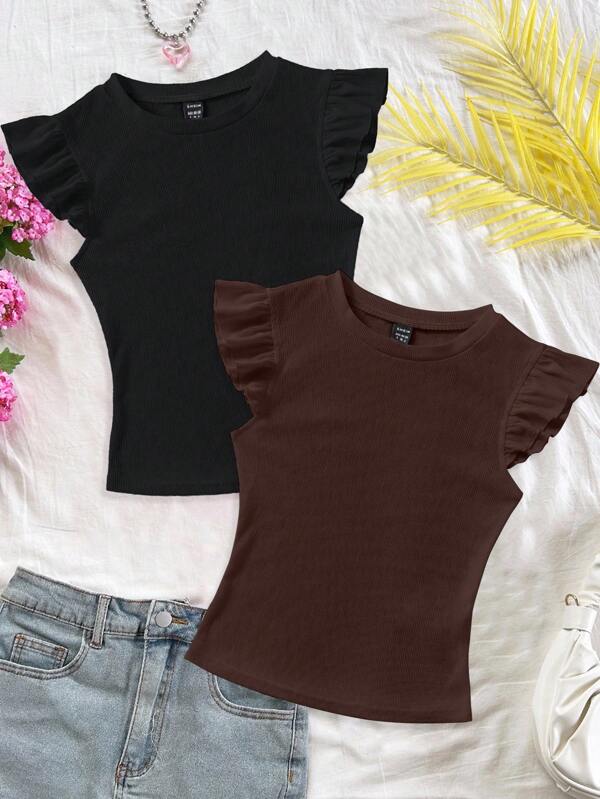 Soleia Set de 2 camisetas de manga corta con cuello redondo y ajuste ceñido de tela acanalada en negro y marrón, adecuadas para el verano