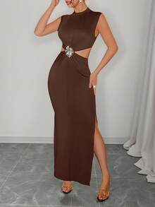 Rafferiza 女士优雅立领镂空性感金属花卉无袖紧身连衣裙，日常，黑色，修身，约会，派对，简约，纯色，返校，休闲 - 棕色 - 查看 4